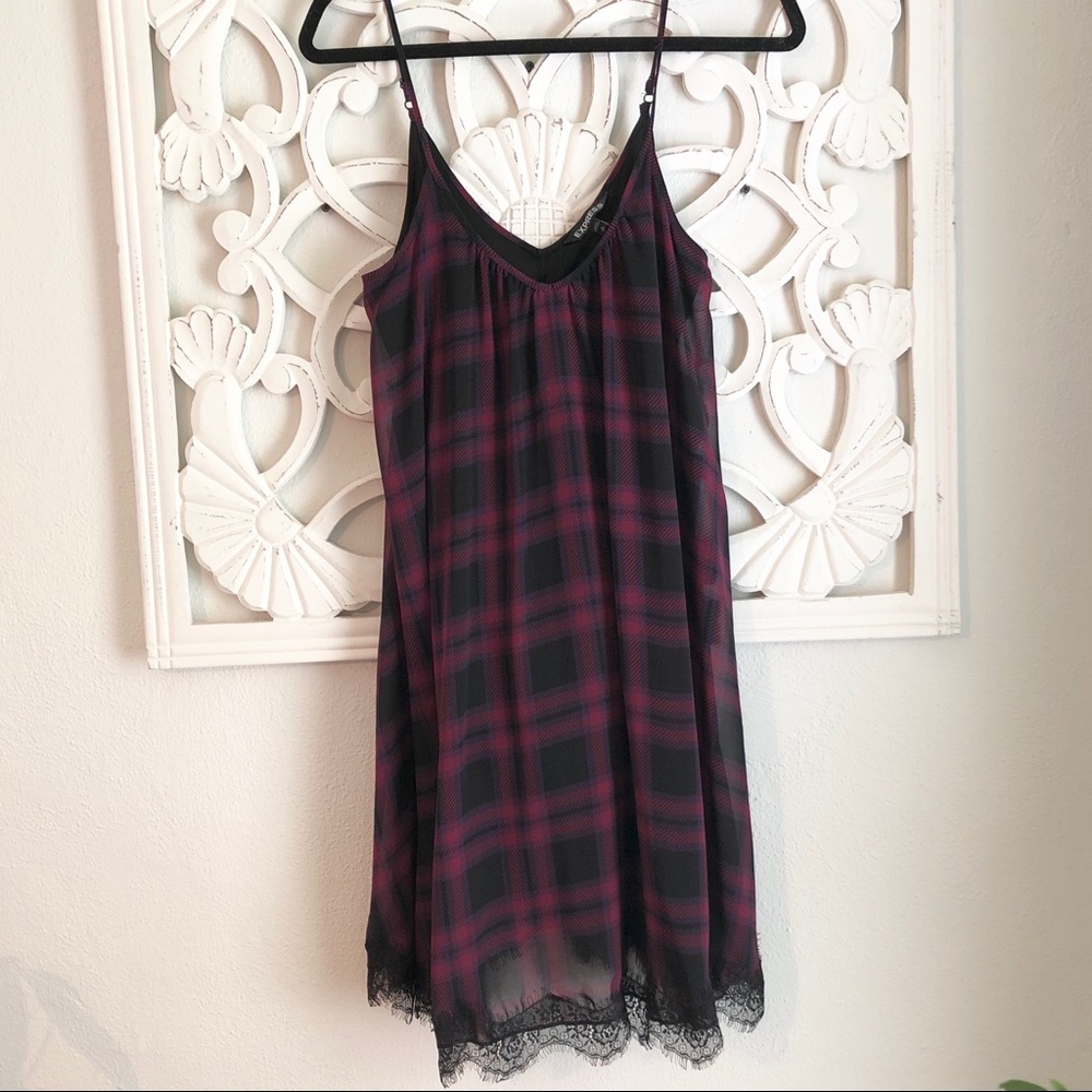 EXPRESS Plaid Trapeze Dress Burgundy Size S